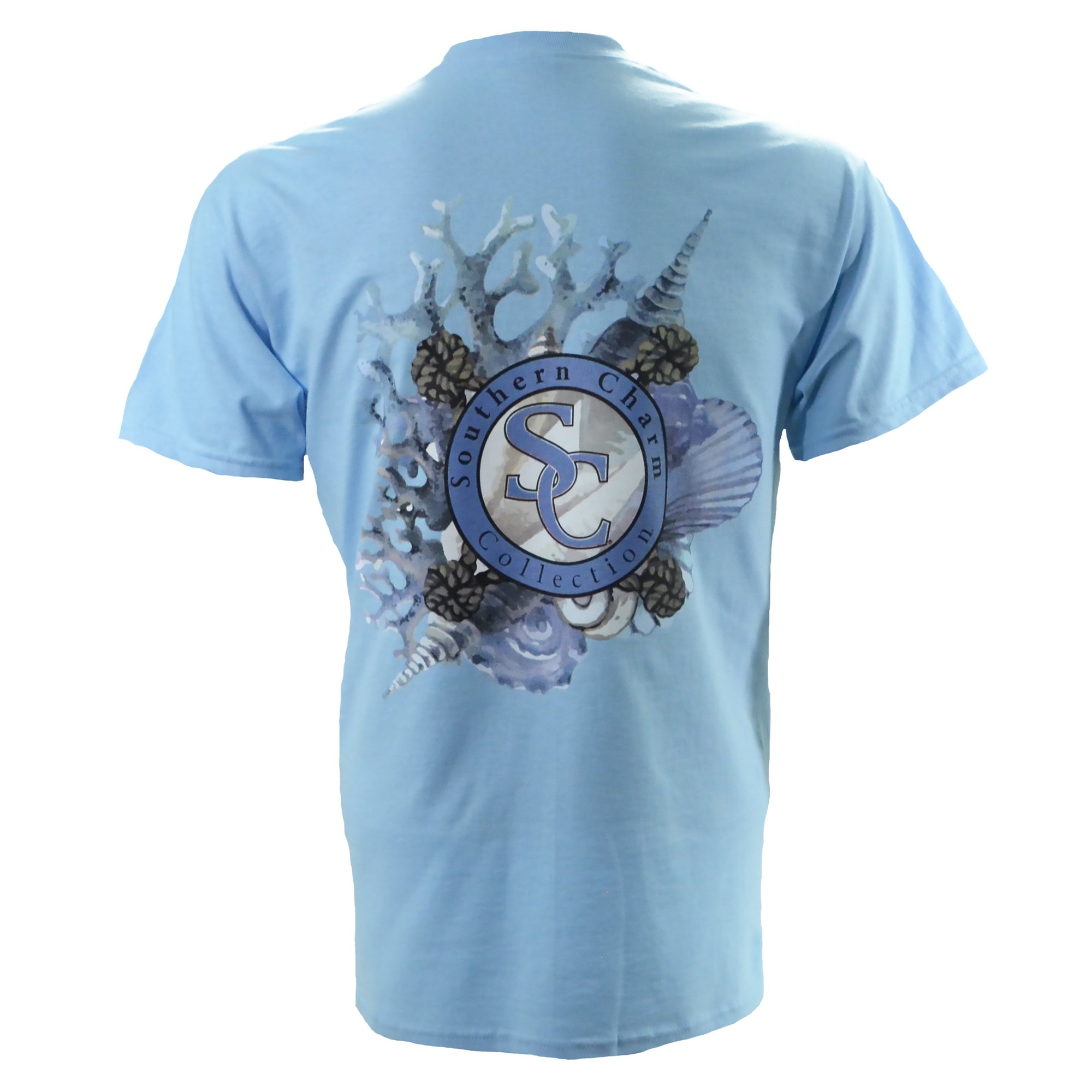 Southern Charm Collection Sea Shells on a Sky Blue T Shirt