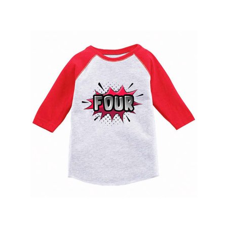 Awkward Styles Toddler 4th Birthday Raglan Shirt for 4 Year Old Kids 4th Birthday Shirt Girls Boys Toddlers Raglan Superhero Shirts Pop Art Shirt for