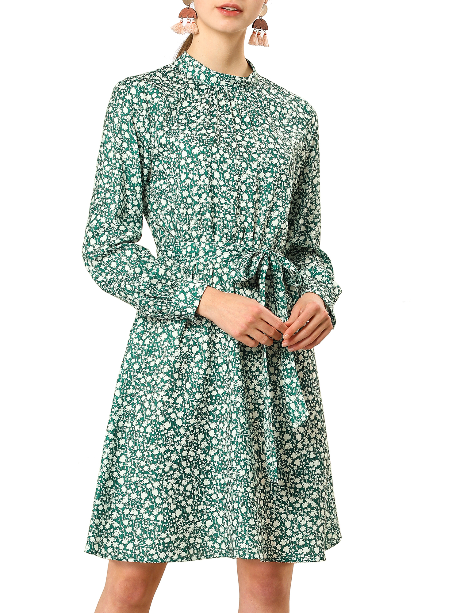 Unique Bargains Women S Floral Print Long Sleeve Tie Waist a-line Dress L Green