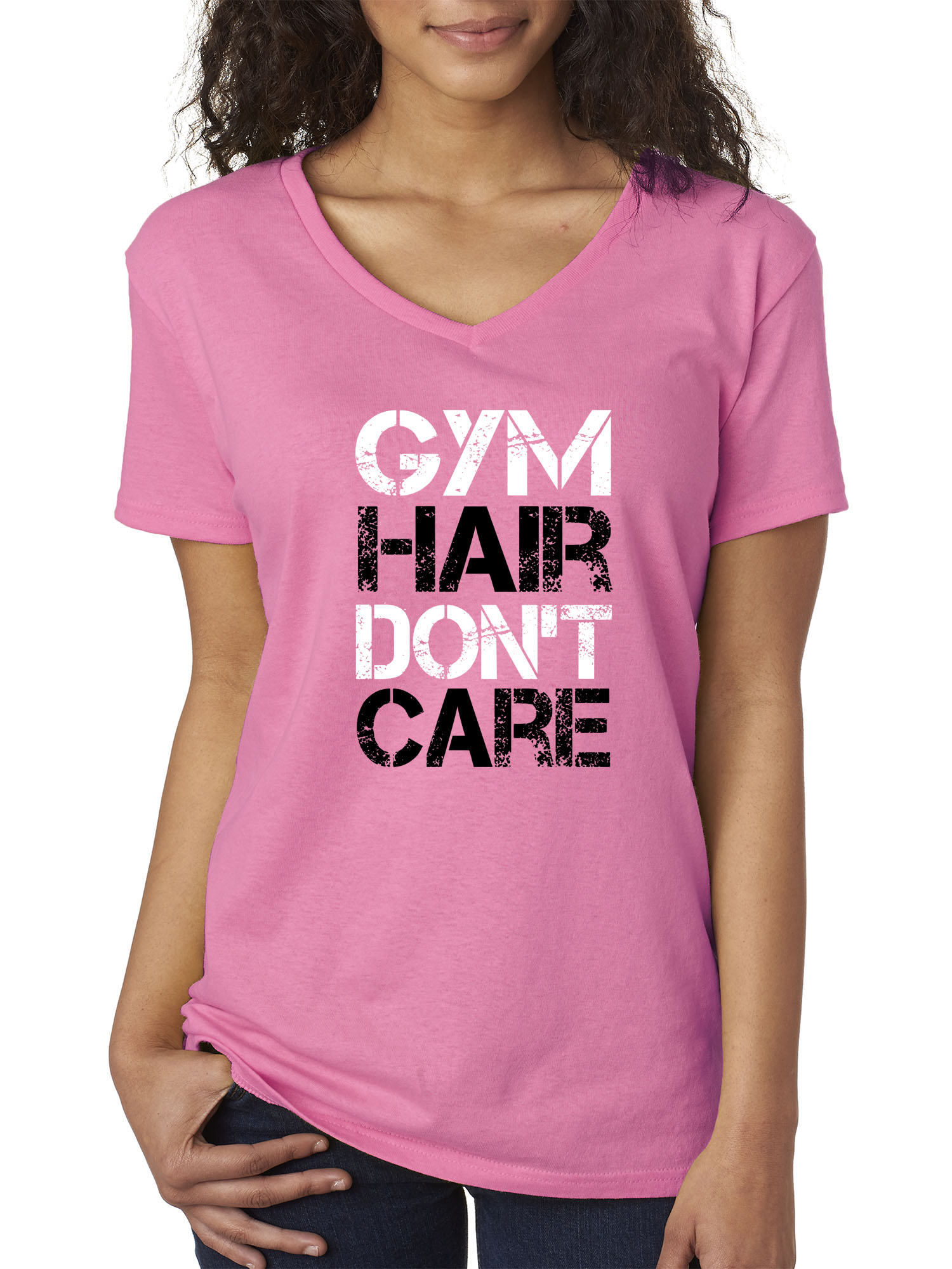 Trendy USA 1455 - Women's V-Neck T-Shirt Gym Hair Don't Care Workout Exercise Fitness Health 2XL Azalea Pink
