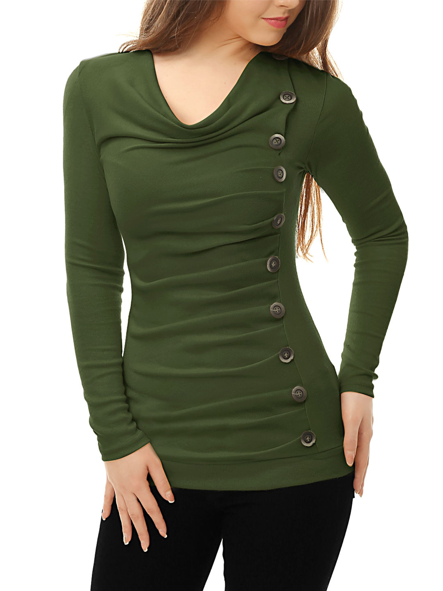 Unique Bargains Women S Cowl Neck Side Ruched Tunic Top XL Green