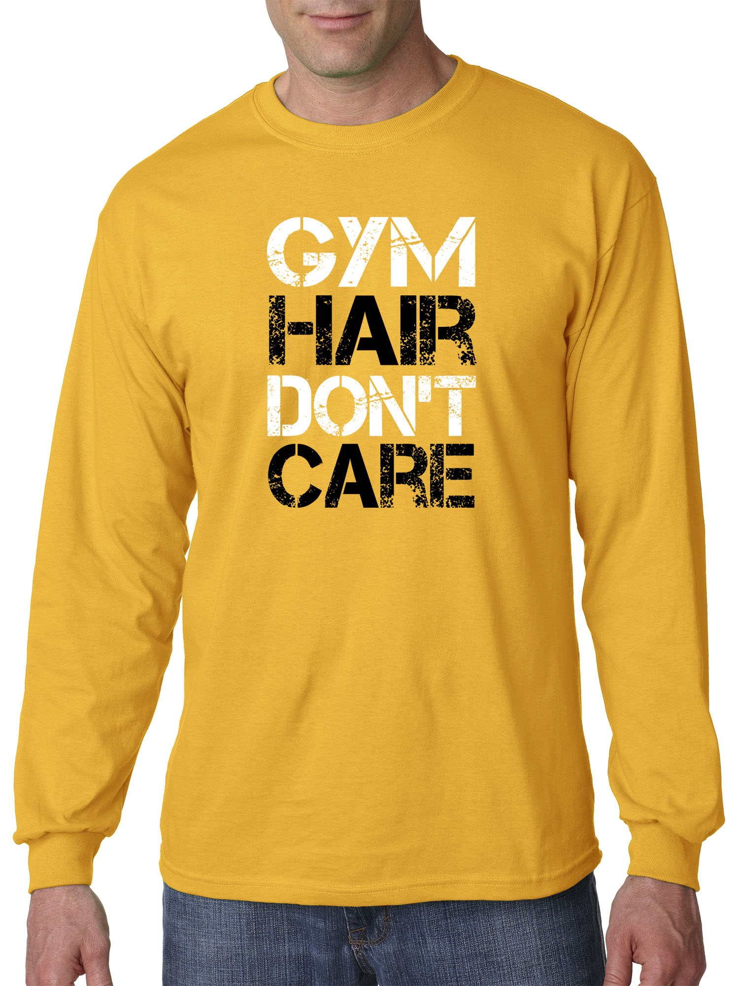 Trendy USA 1455 - Unisex Long-Sleeve T-Shirt Gym Hair Don't Care Workout Exercise Fitness Health Large Gold