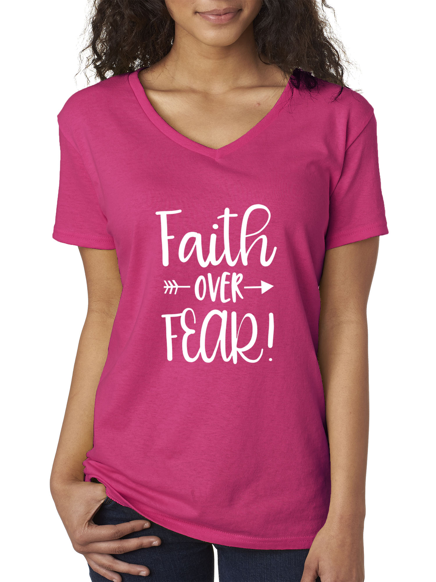 Trendy USA 1253 - Women's V-Neck T-Shirt Faith Over Fear Script XS Heliconia