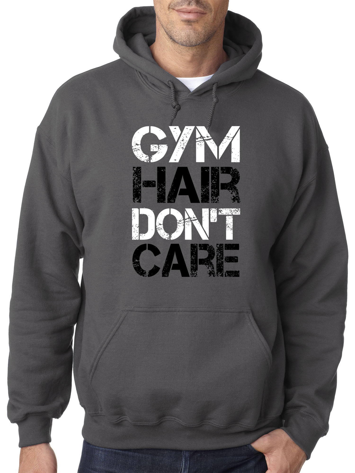 Trendy USA 1455 - Adult Hoodie Gym Hair Don't Care Workout Exercise Fitness Health Sweatshirt 4XL Charcoal