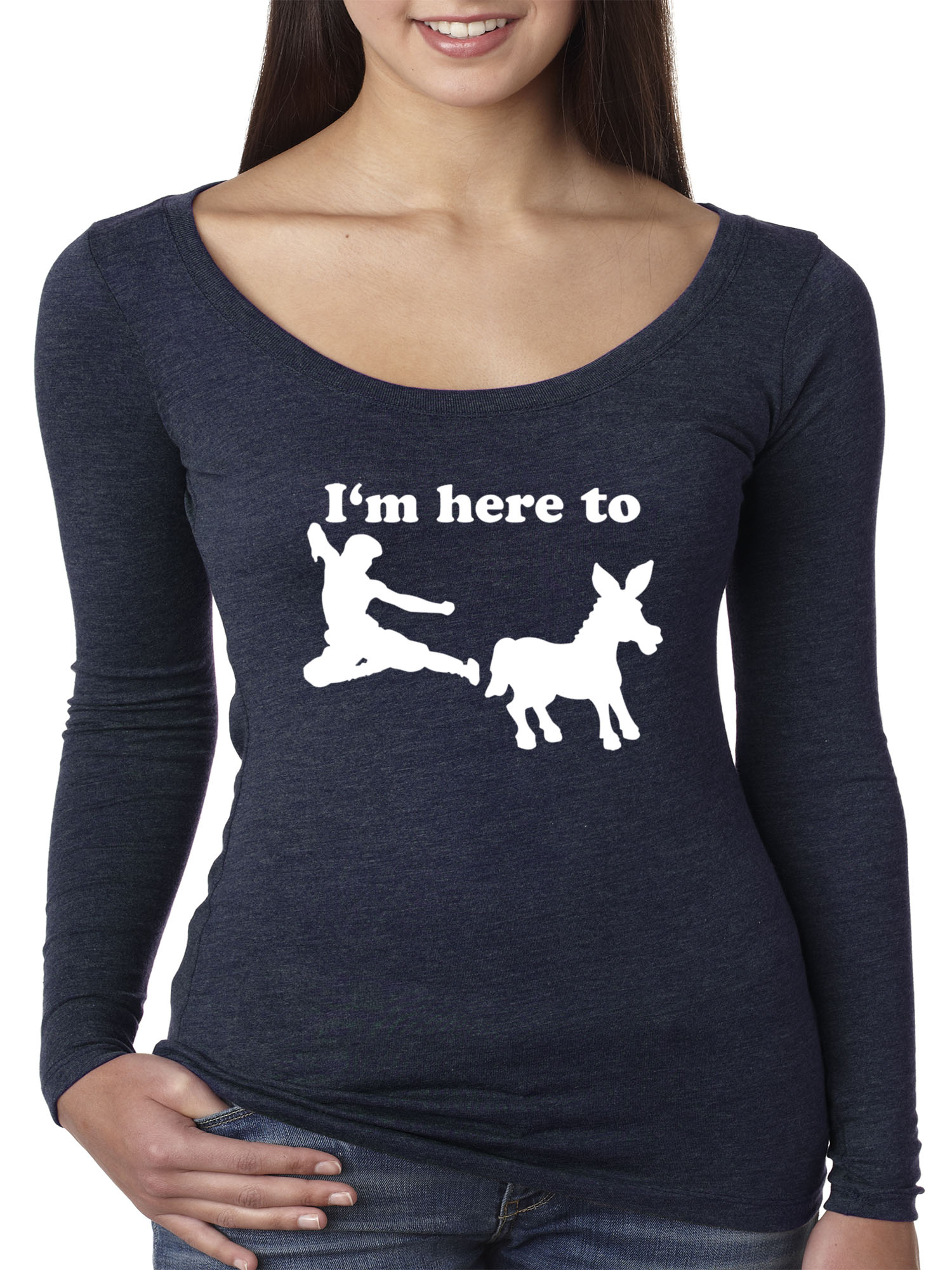 Trendy USA 1229 - Women's Long Sleeve T-Shirt I'm Here to Kick Ass Karate Donkey XL Navy