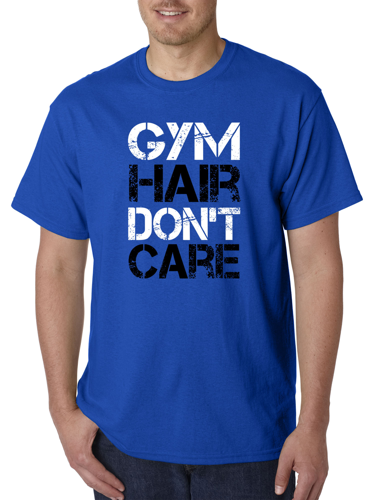 Trendy USA 1455 - Unisex T-Shirt Gym Hair Don't Care Workout Exercise Fitness Health Medium Royal Blue
