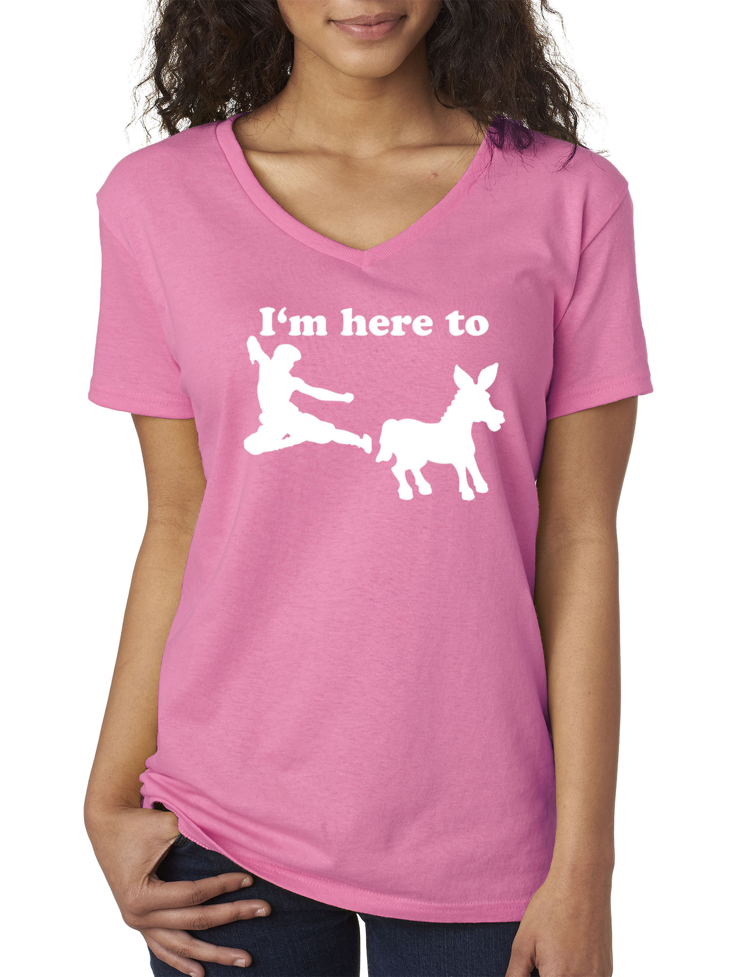 Trendy USA 1229 - Women's V-Neck T-Shirt I'm Here to Kick Ass Karate Donkey Medium Azalea Pink