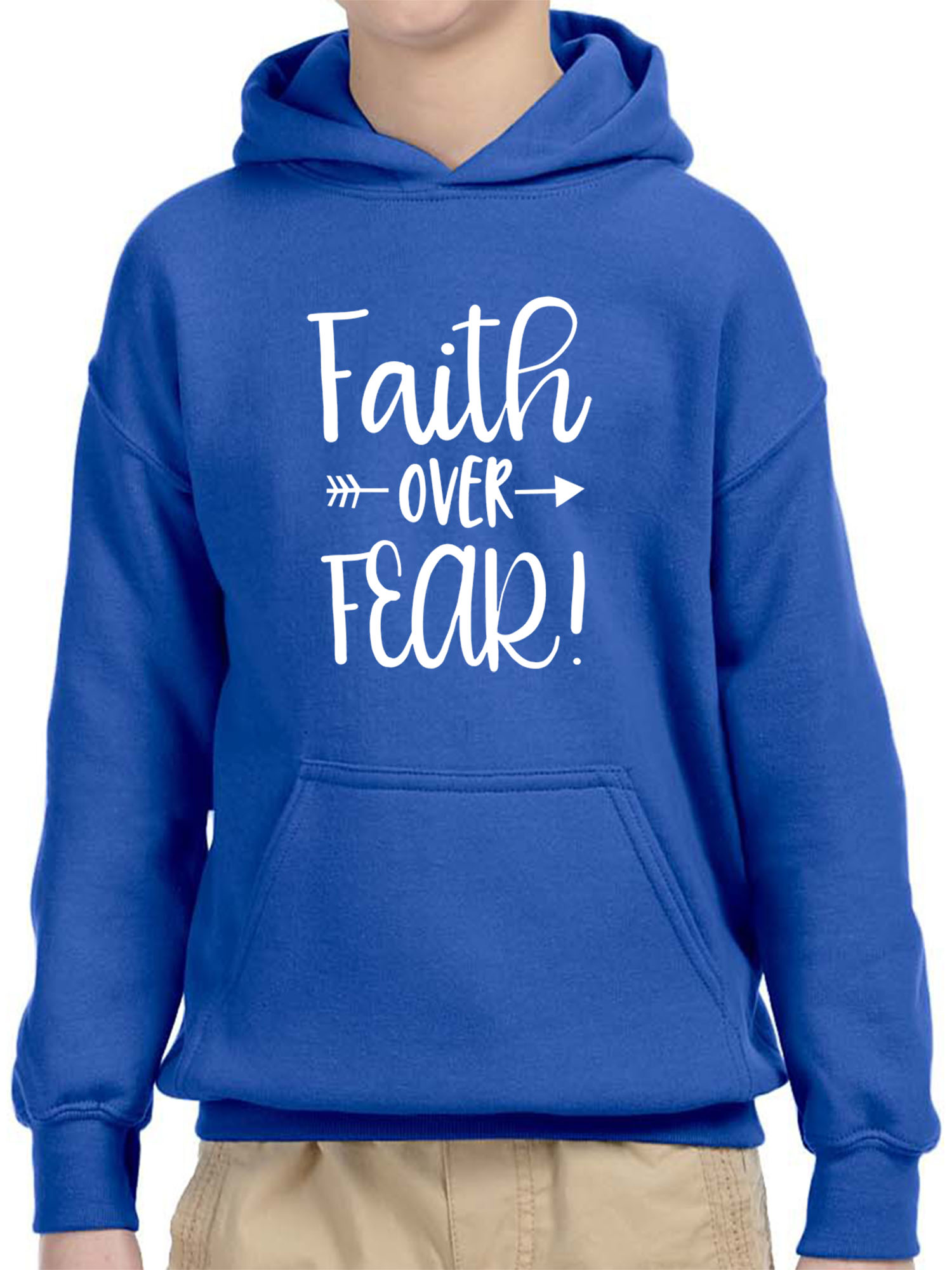 Trendy USA 1253 - Youth Hoodie Faith Over Fear Script Unisex Pullover Sweatshirt Large Royal Blue