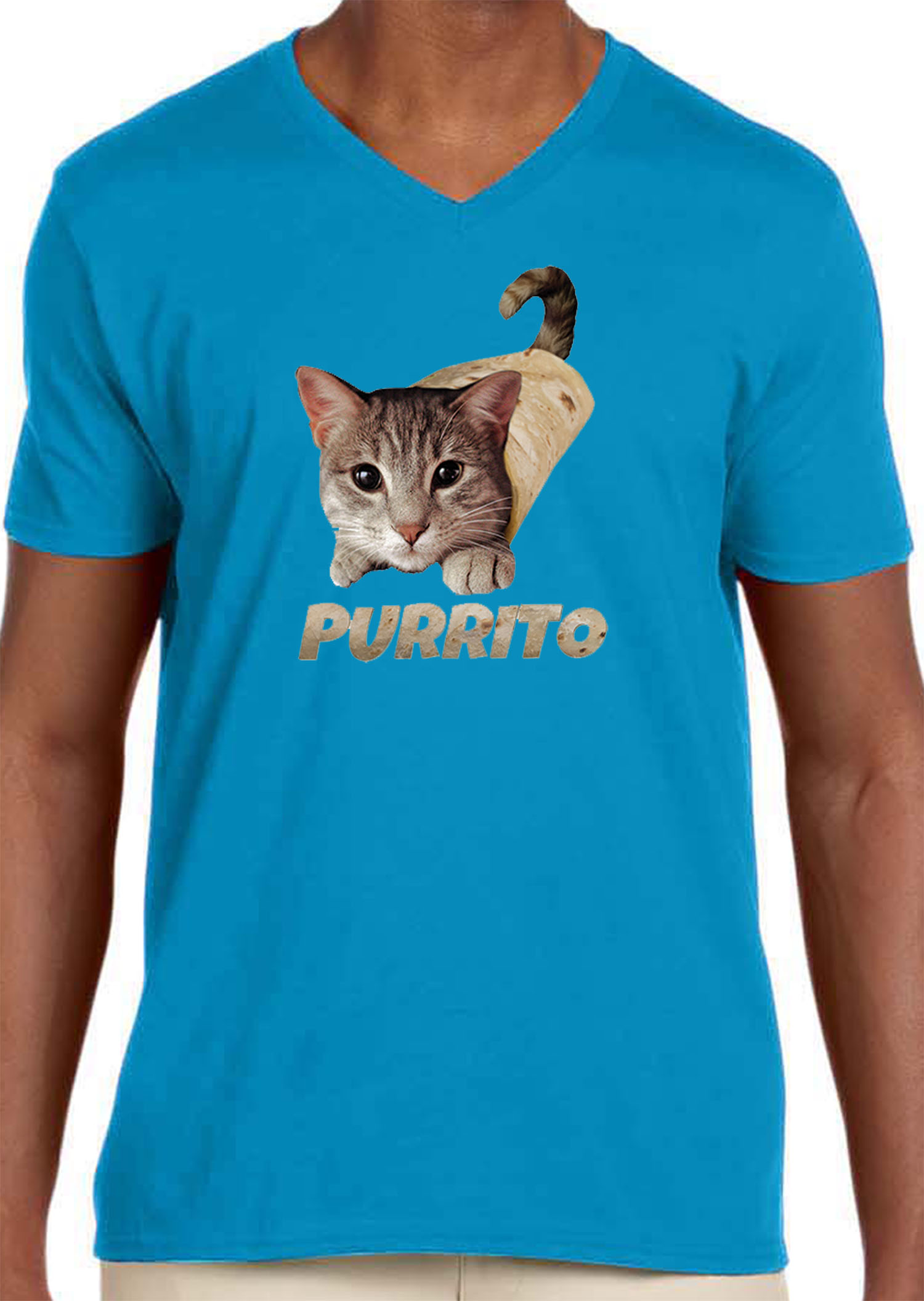 Trendy USA 1507 - Men's V-Neck T-Shirt Purrito Burrito Kitty Cat Lovers Taco Spicy Funny 3XL Sapphire