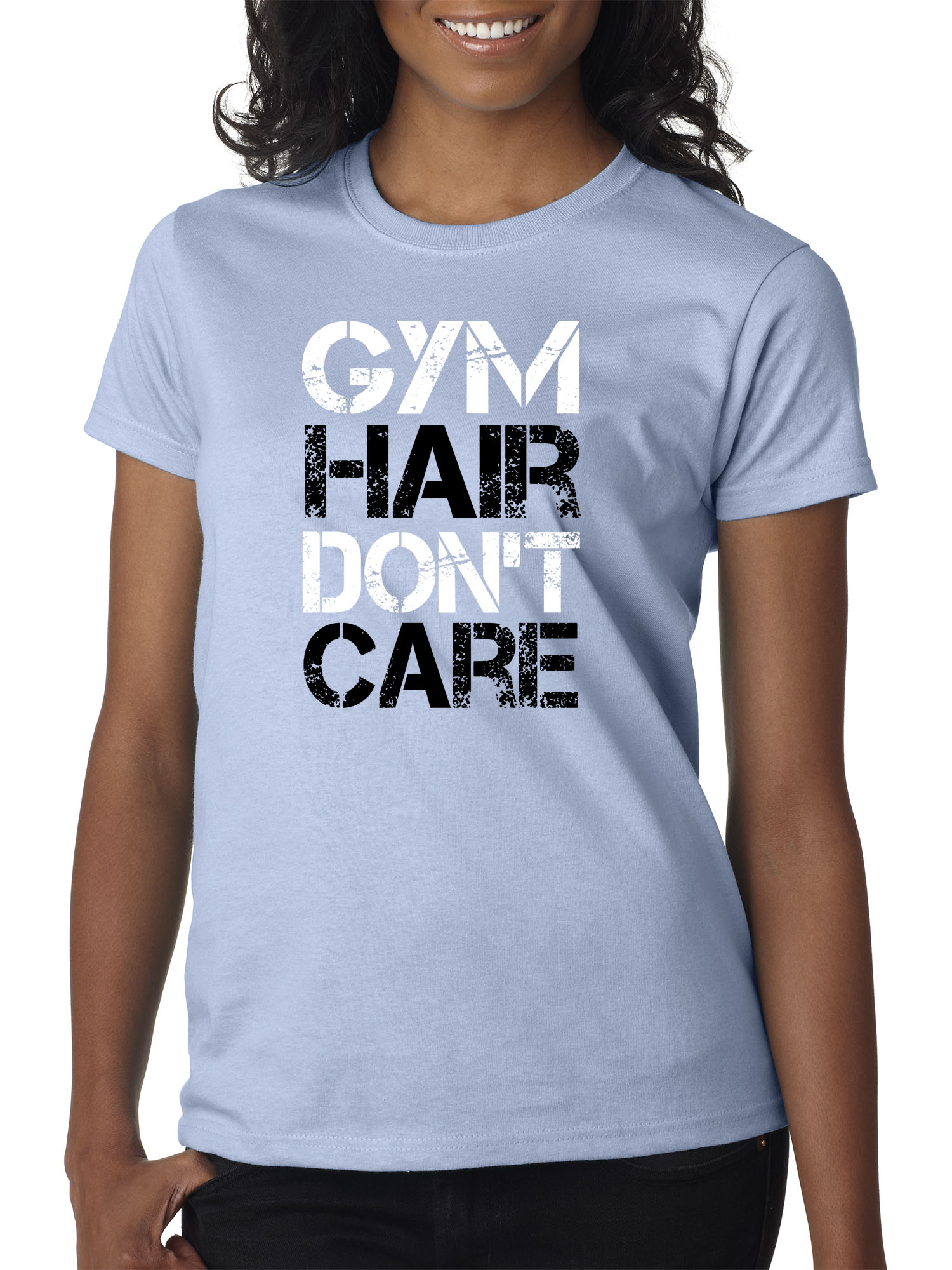 Trendy USA 1455 - Women's T-Shirt Gym Hair Don't Care Workout Exercise Fitness Health XS Light Blue