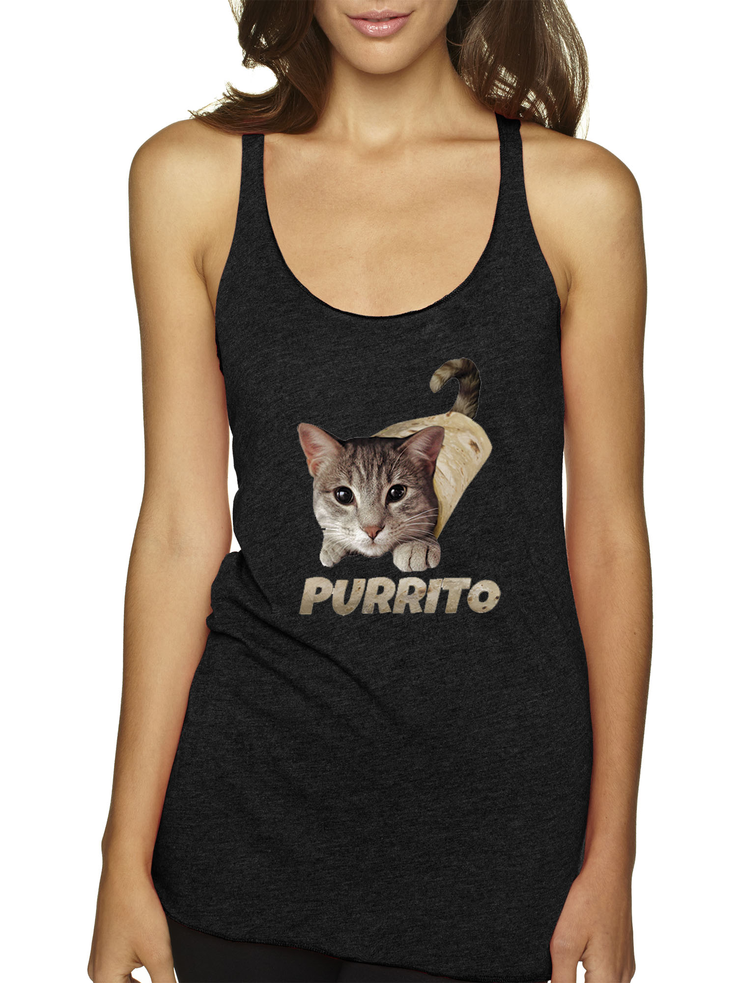 Trendy USA 1507 - Women's Tank-Top Purrito Burrito Kitty Cat Lovers Taco Spicy Funny Medium Black