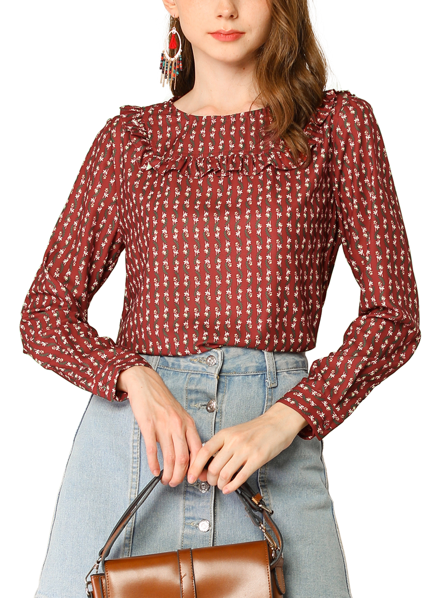 Allegra K Women S Ruffled Front Round Neck Blouse Long Sleeve Button Cuffs Floral Top Shirt