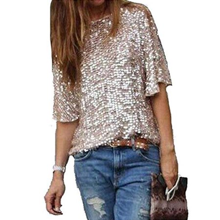 Multitrust Women Sequins Short Sleeve Shirt Tops Casual Loose Blouses T-Shirts