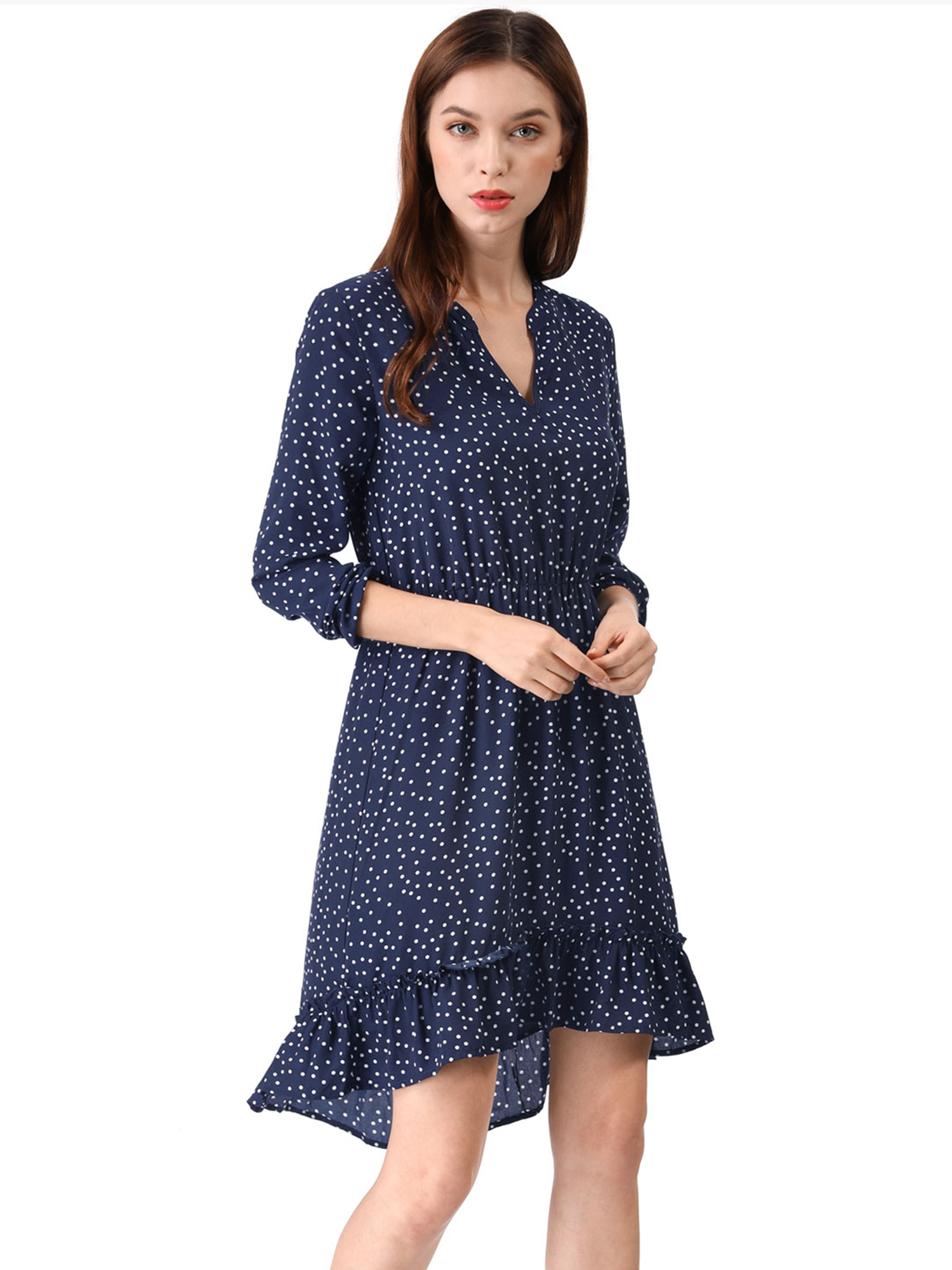 Allegra K Women S V Neck Polka Dots Long Sleeve Ruffle MIDI Dress