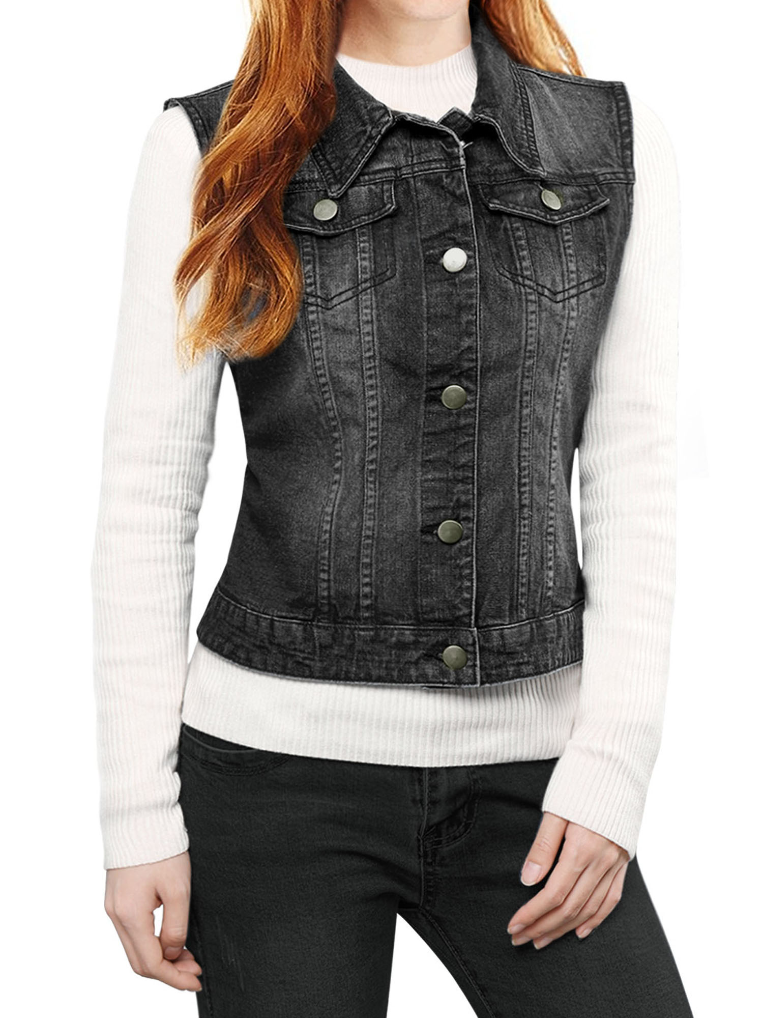 Unique Bargains Women S Denim Sleeveless Flap Pockets Vest Jacket XL Black