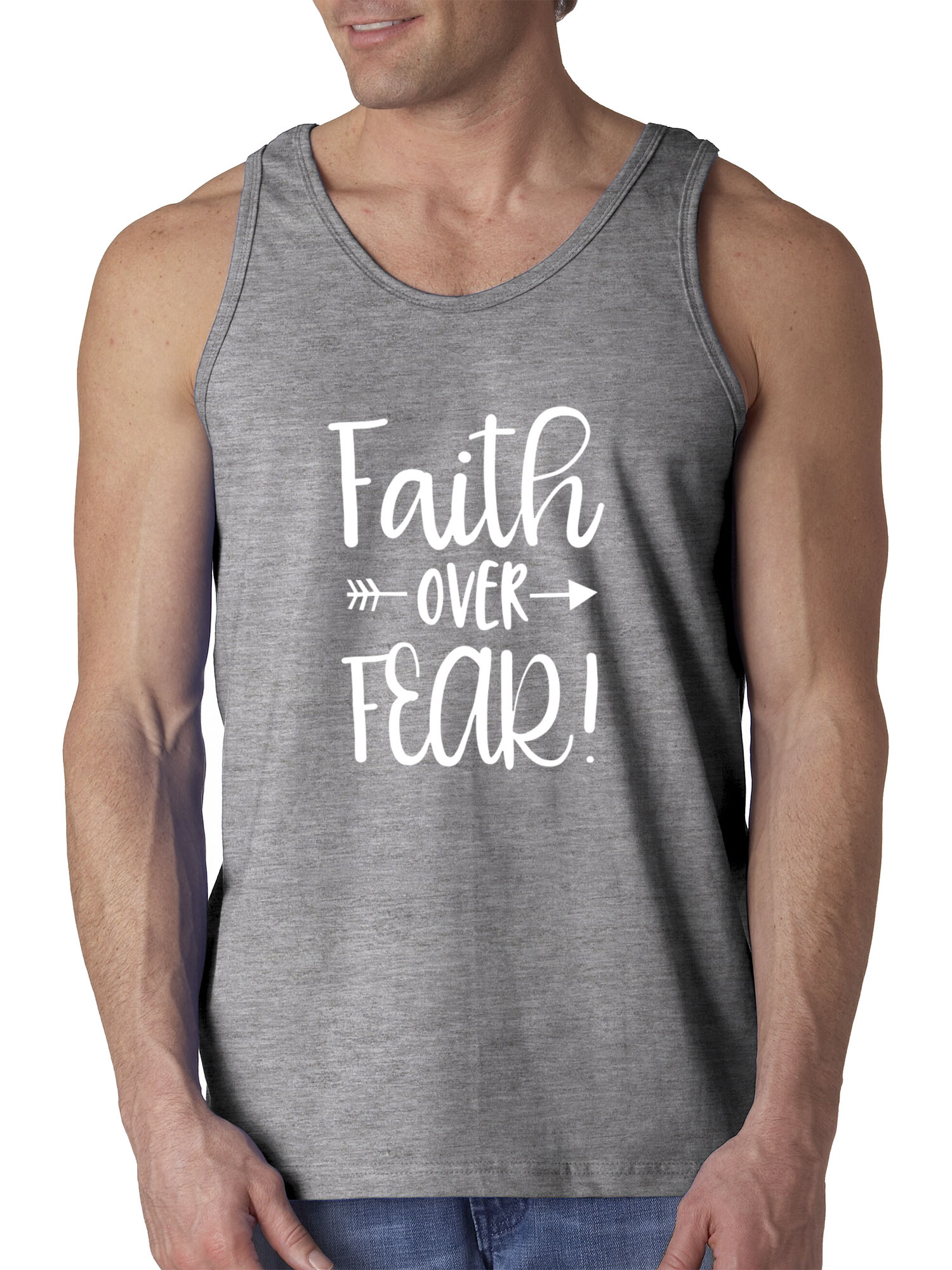 Trendy USA 1253 - Men's Tank-Top Faith Over Fear Script Small Heather Grey