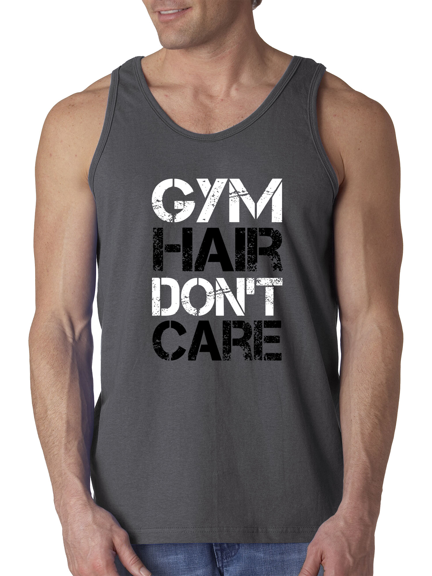 Trendy USA 1455 - Men's Tank-Top Gym Hair Don't Care Workout Exercise Fitness Health Medium Charcoal
