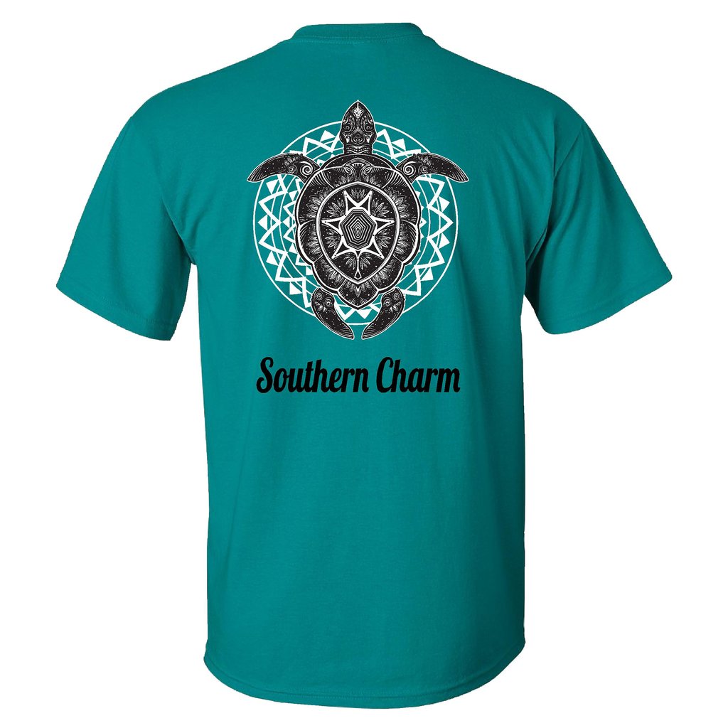 Southern Charm Turtle Print on a Jade Short Sleeve T Shirt