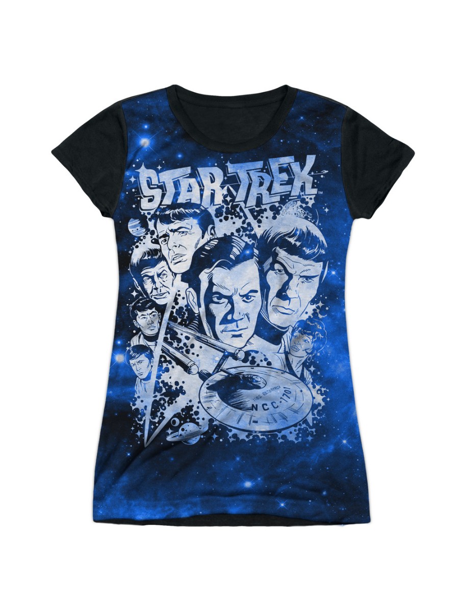 Star Trek Series Retro Logo Cast Pop Stars Juniors Black Back T-Shirt Tee