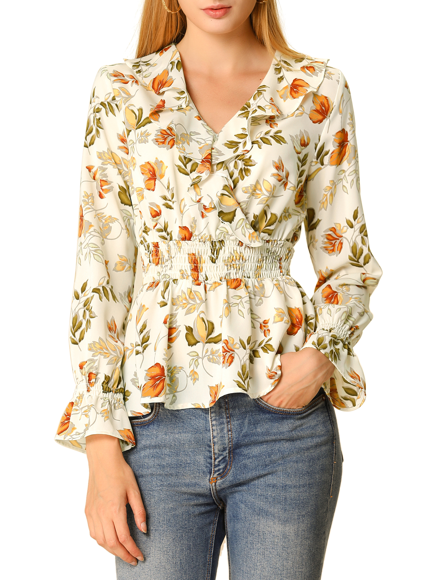 Allegra K Women S Ruffle Lapel V Neck Long Sleeves Floral Peplum Blouse