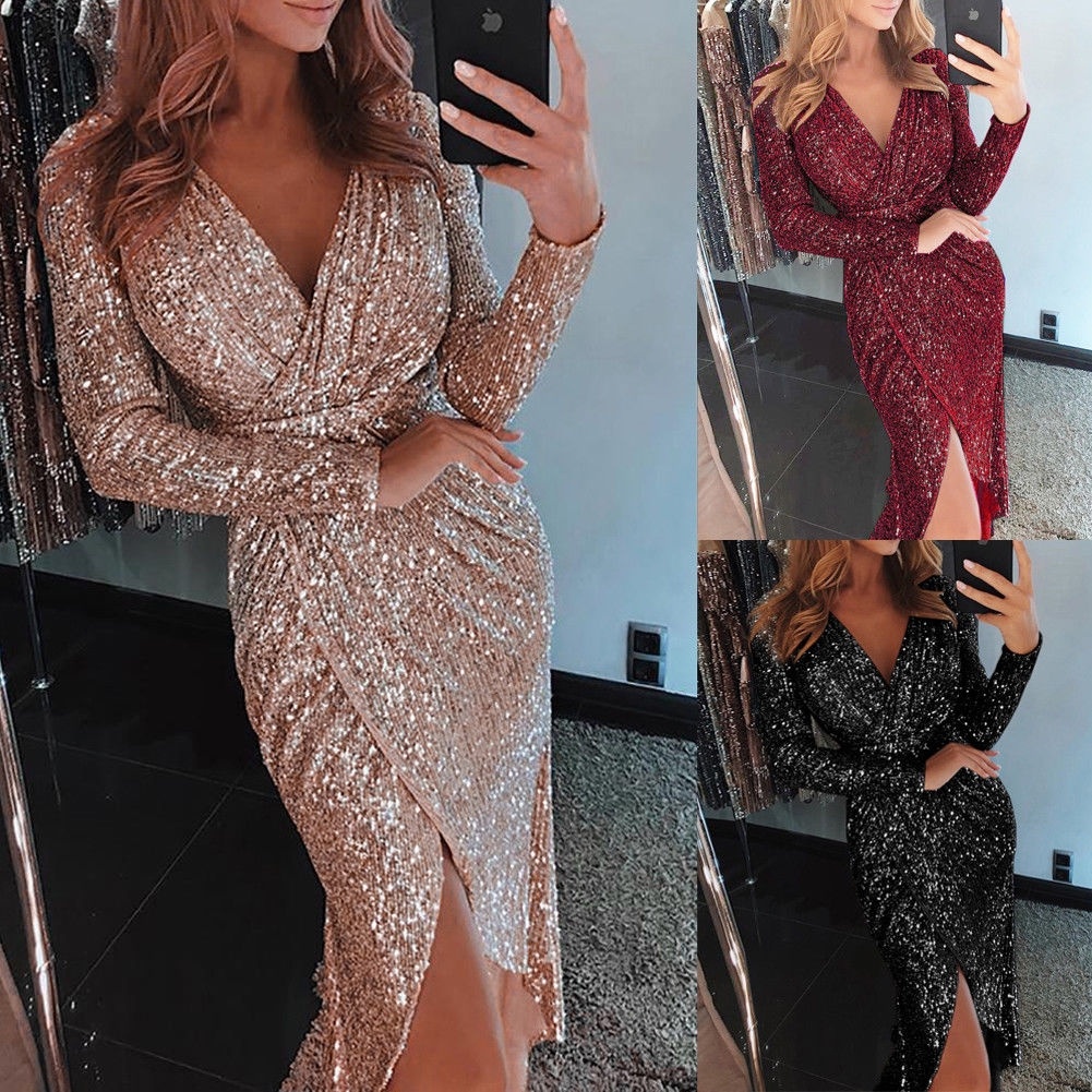 Plus Size Women Sequin V Neck Wrap Christmas Dress Bodycon Evening Party Dress
