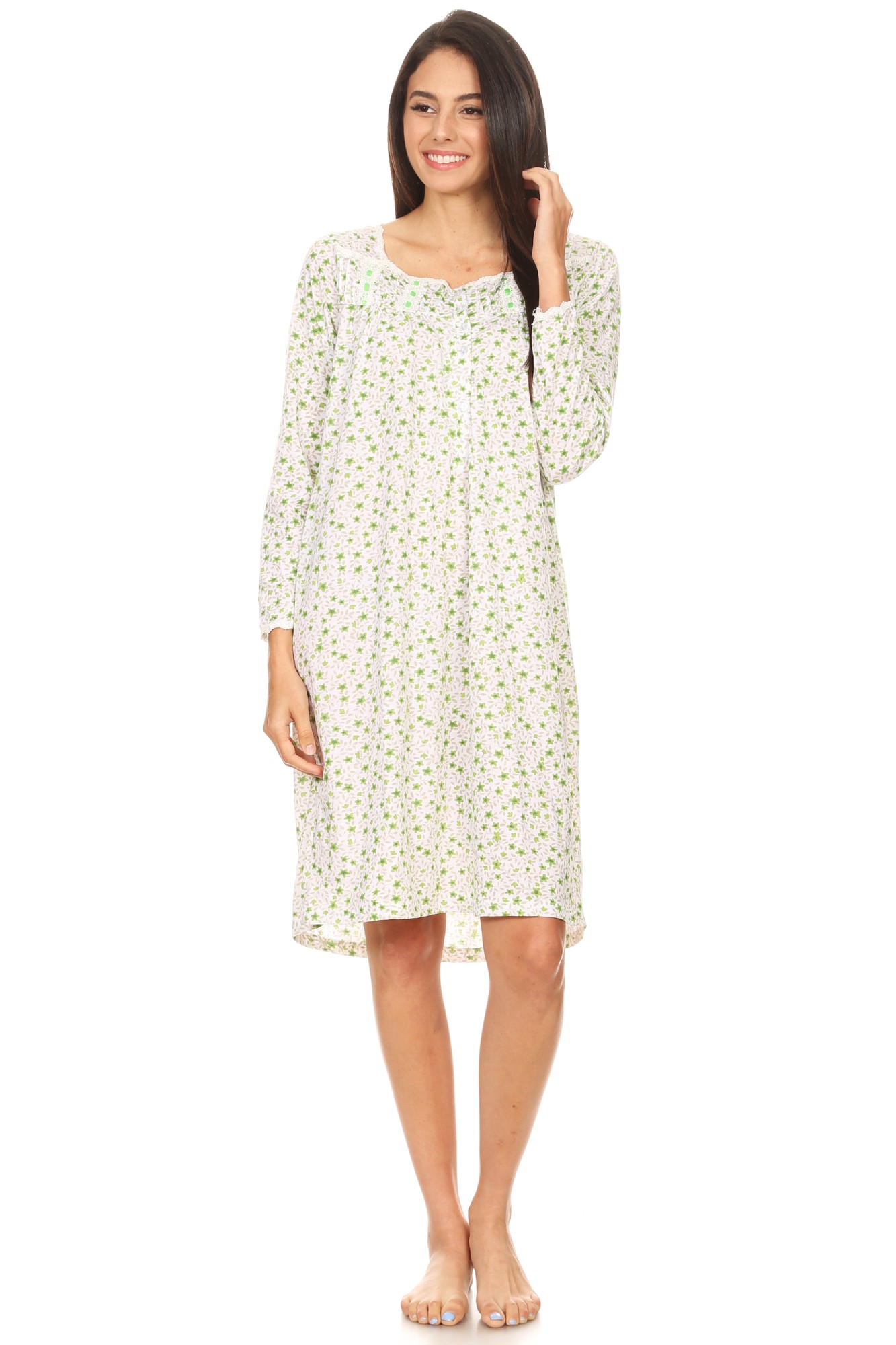 1650 Womens Nightgown Sleepwear Pajamas Woman Long Sleeve Sleep Dress Nightshirt Green XL