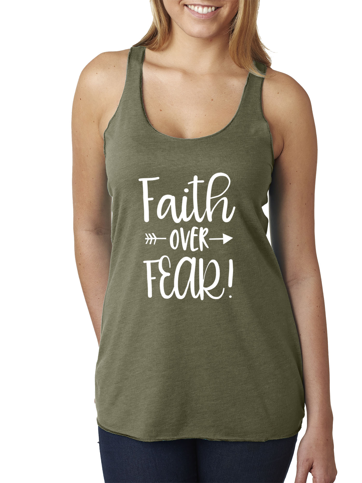 Trendy USA 1253 - Women's Tank-Top Faith Over Fear Script XS Military Green
