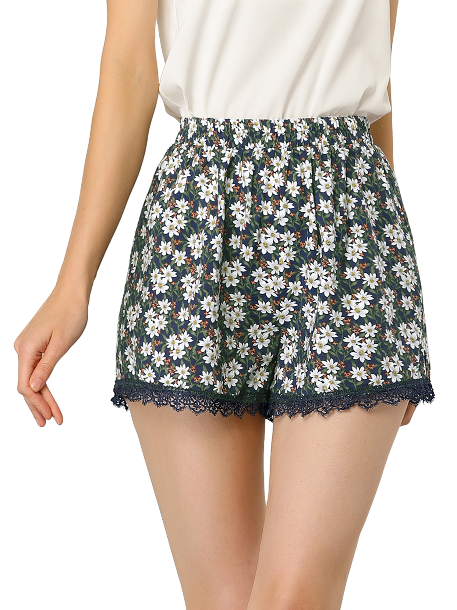Egra K Women S Floral Printed Lace Trim Elastic Waist Shorts