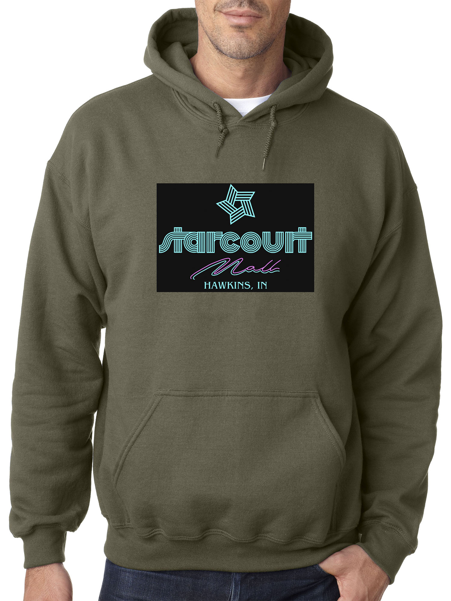 Trendy USA 1310 - Adult Hoodie Starcourt Mall Hawkins Stranger TV Movie Pop Culture Sweatshirt Medium Military Green