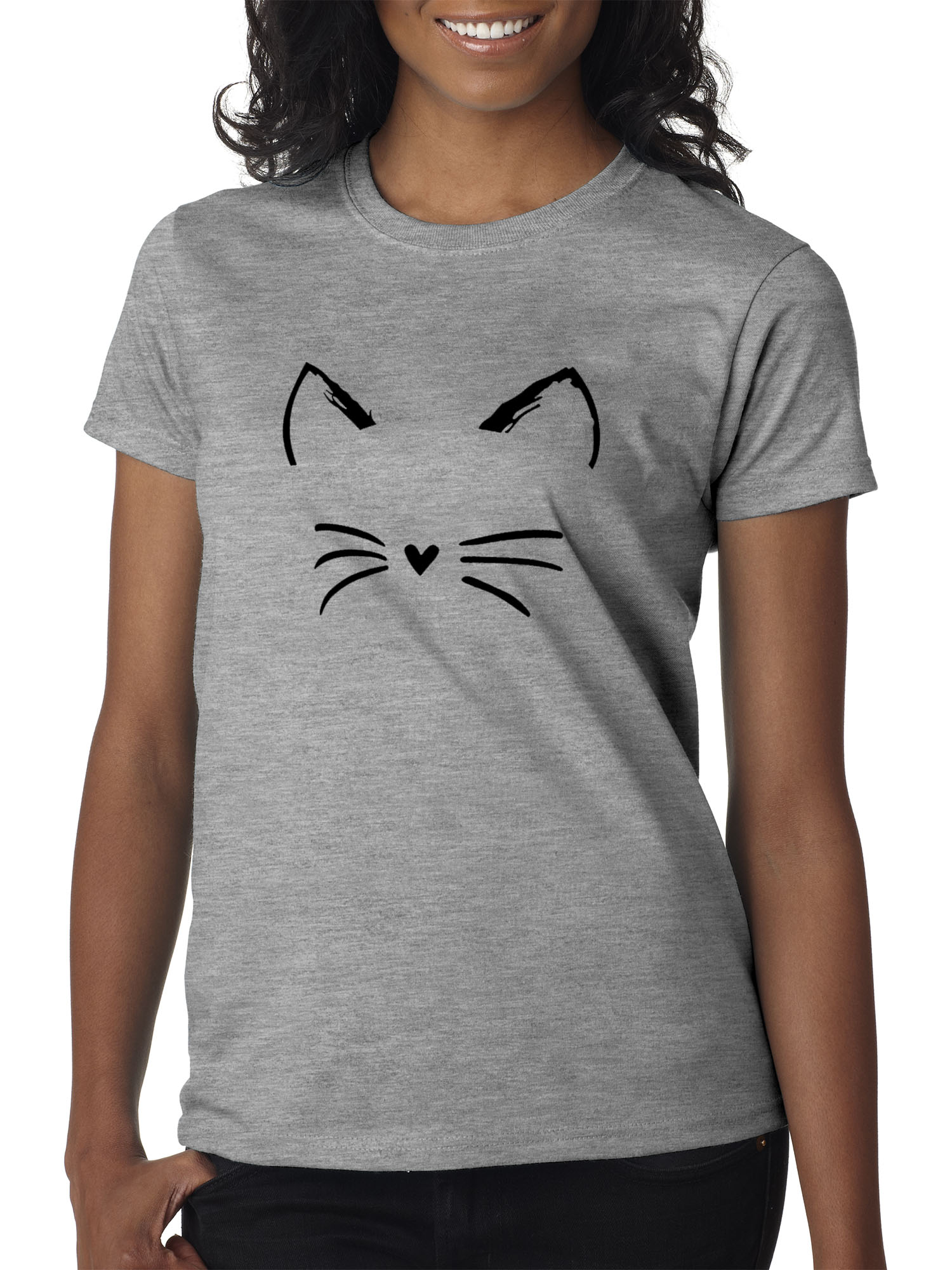 New Way 1128 - Women's T-Shirt Cat Whiskers Silhouette Heart Nose XS Heather Grey