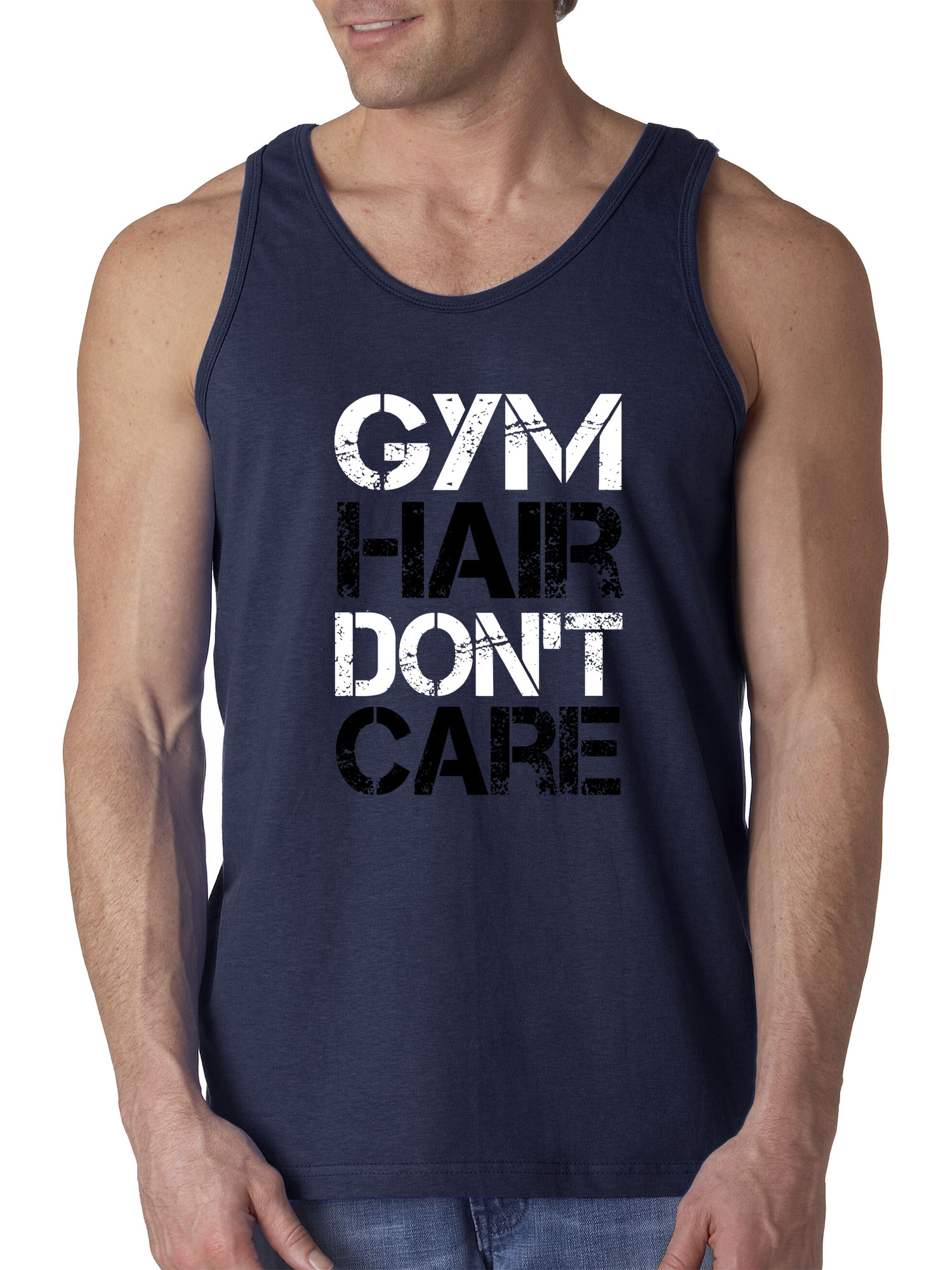 Trendy USA 1455 - Men's Tank-Top Gym Hair Don't Care Workout Exercise Fitness Health 3XL Navy
