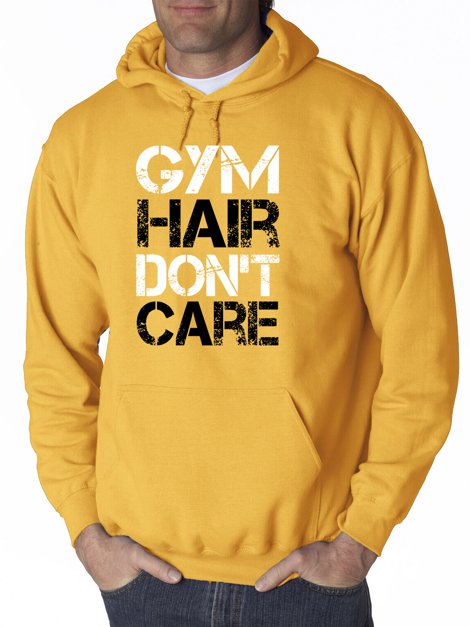 Trendy USA 1455 - Adult Hoodie Gym Hair Don't Care Workout Exercise Fitness Health Sweatshirt XL Gold