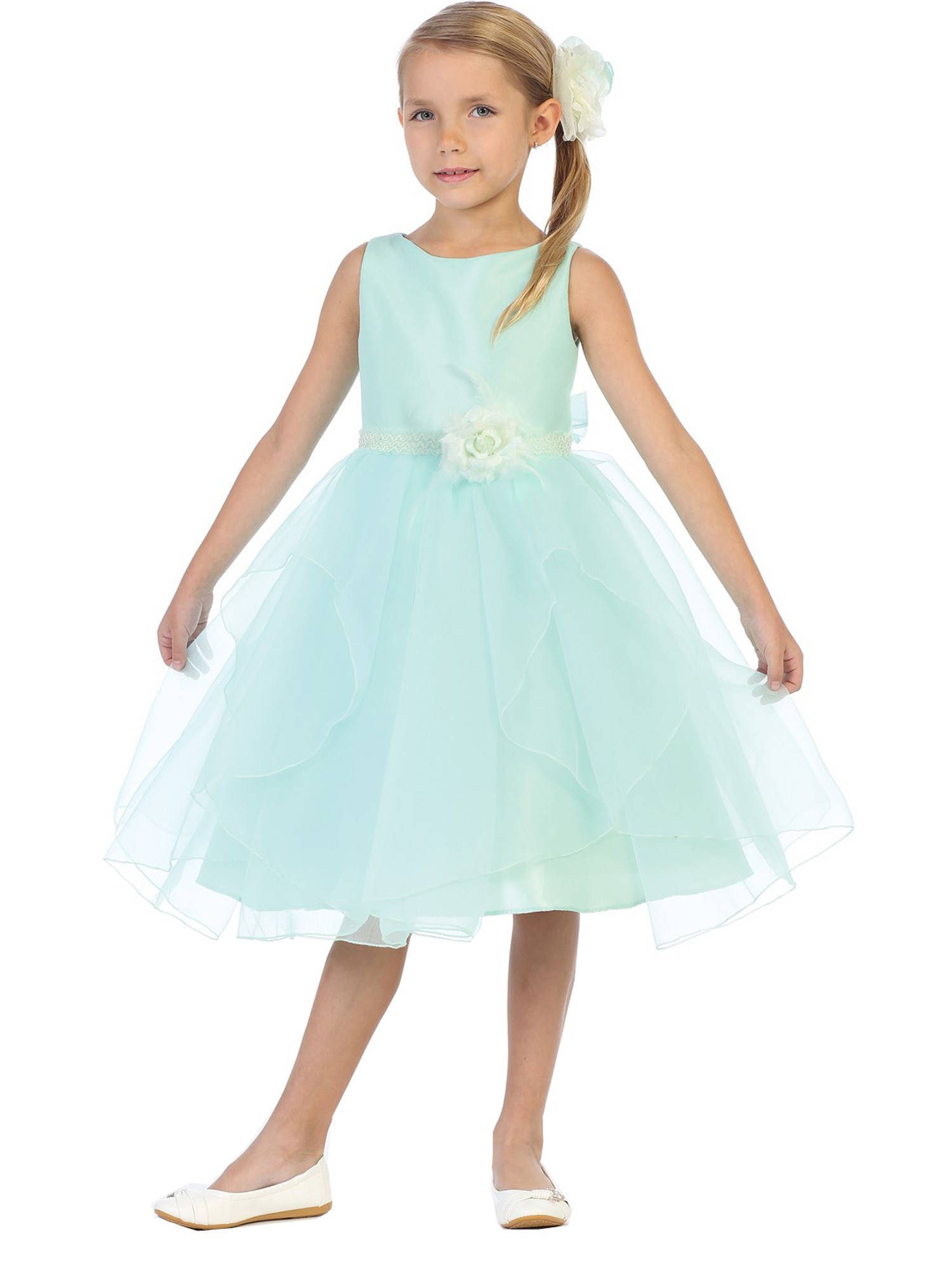 Chic Baby America Girls Mint Overlaid Tea-Length Junior Bridesmaid Dress