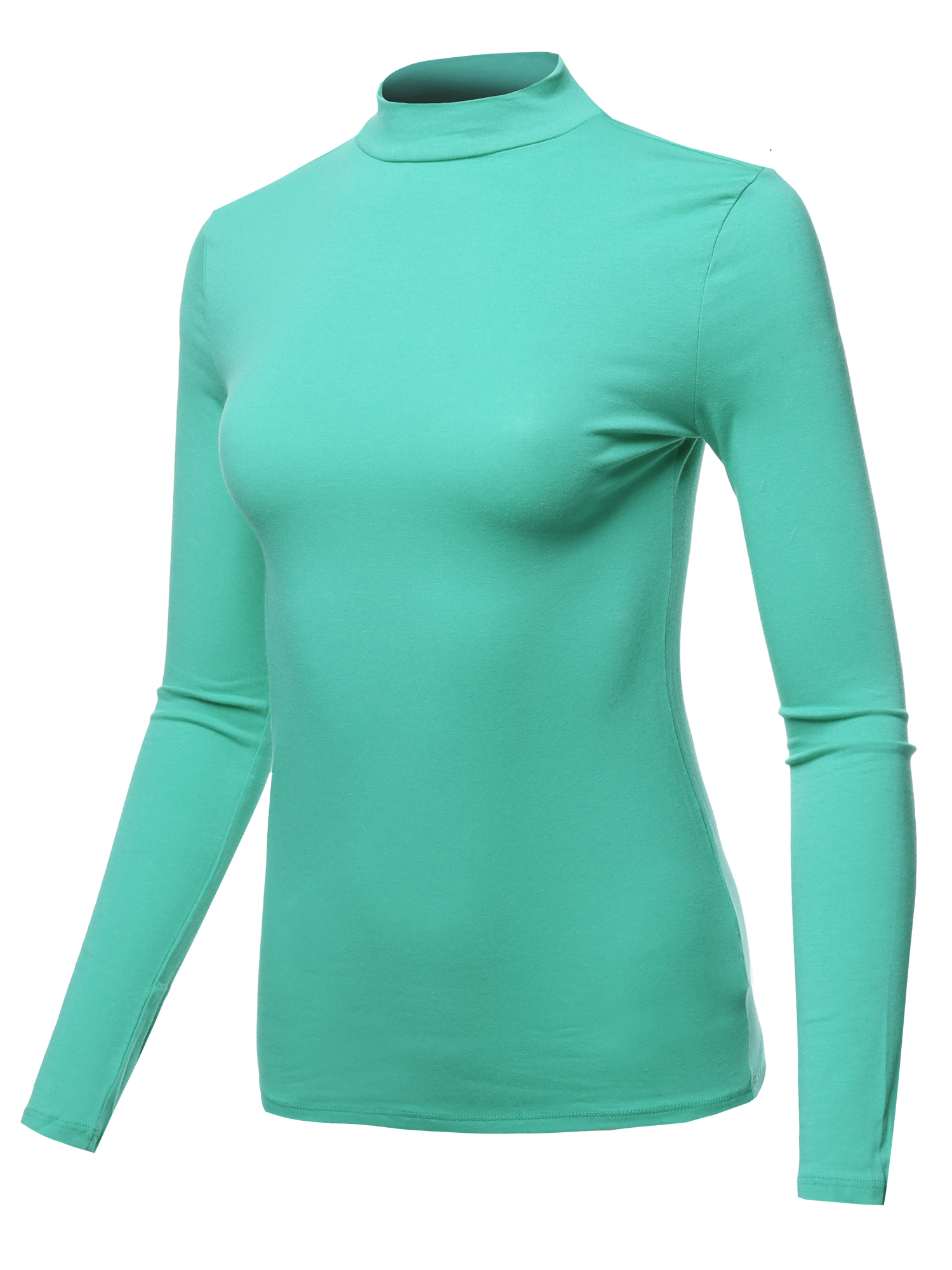 A2Y Women's Basic Solid Soft Cotton Long Sleeve Mock Neck Top Shirts Junior Fit Ash Mint S