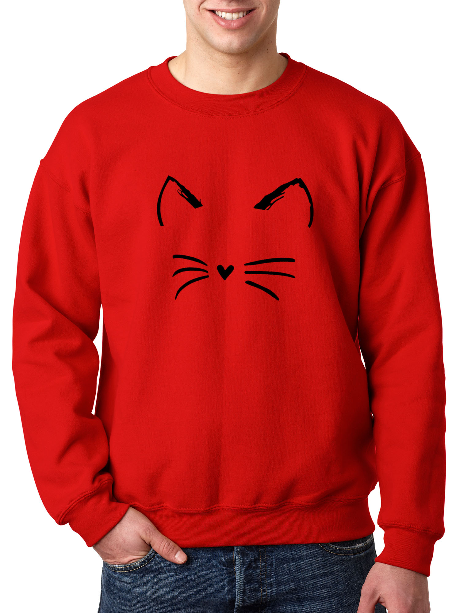 New Way 1128 - Crewneck Cat Whiskers Silhouette Heart Nose Sweatshirt 3XL Red