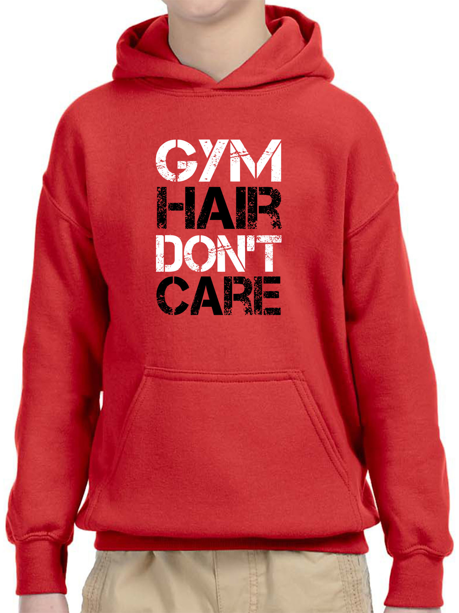 Trendy USA 1455 - Youth Hoodie Gym Hair Don't Care Workout Exercise Fitness Health Unisex Pullover Sweatshirt Large Red