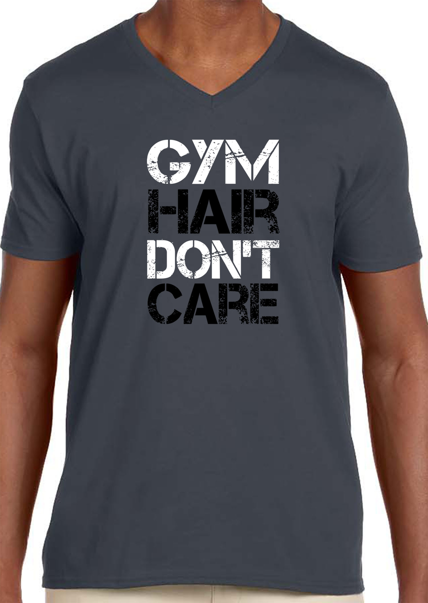 Trendy USA 1455 - Men's V-Neck T-Shirt Gym Hair Don't Care Workout Exercise Fitness Health 2XL Charcoal
