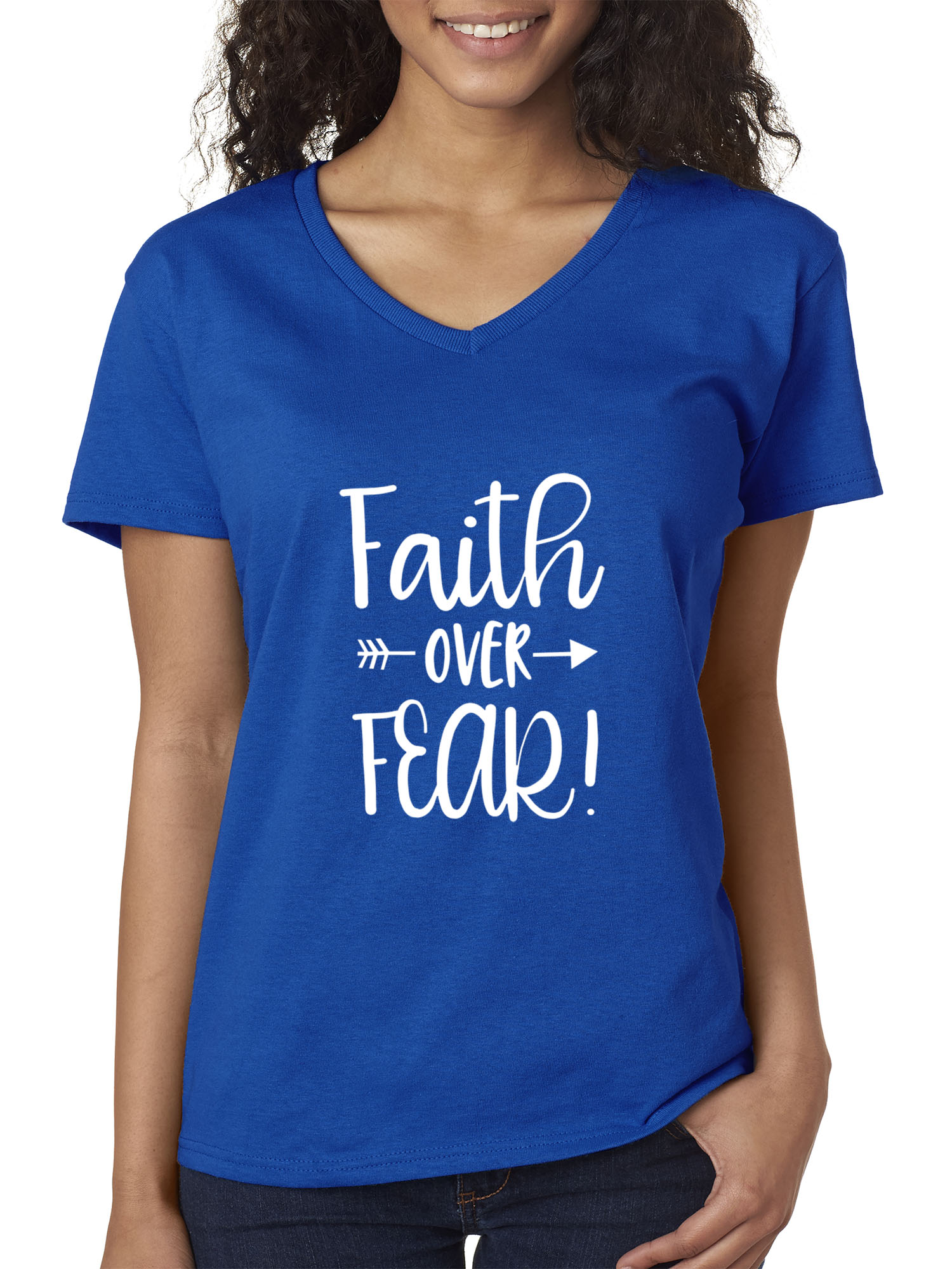 Trendy USA 1253 - Women's V-Neck T-Shirt Faith Over Fear Script XS Royal Blue