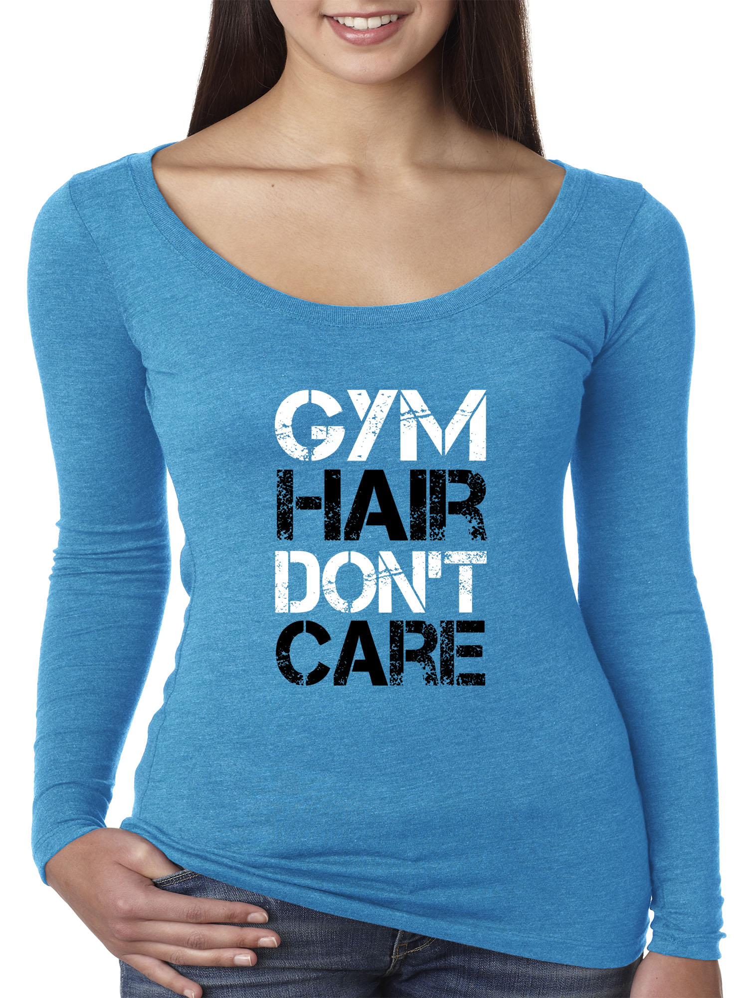 Trendy USA 1455 - Women's Long Sleeve T-Shirt Gym Hair Don't Care Workout Exercise Fitness Health XL Turquoise