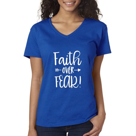Trendy USA 1253 - Women's V-Neck T-Shirt Faith Over Fear Script Small Royal Blue