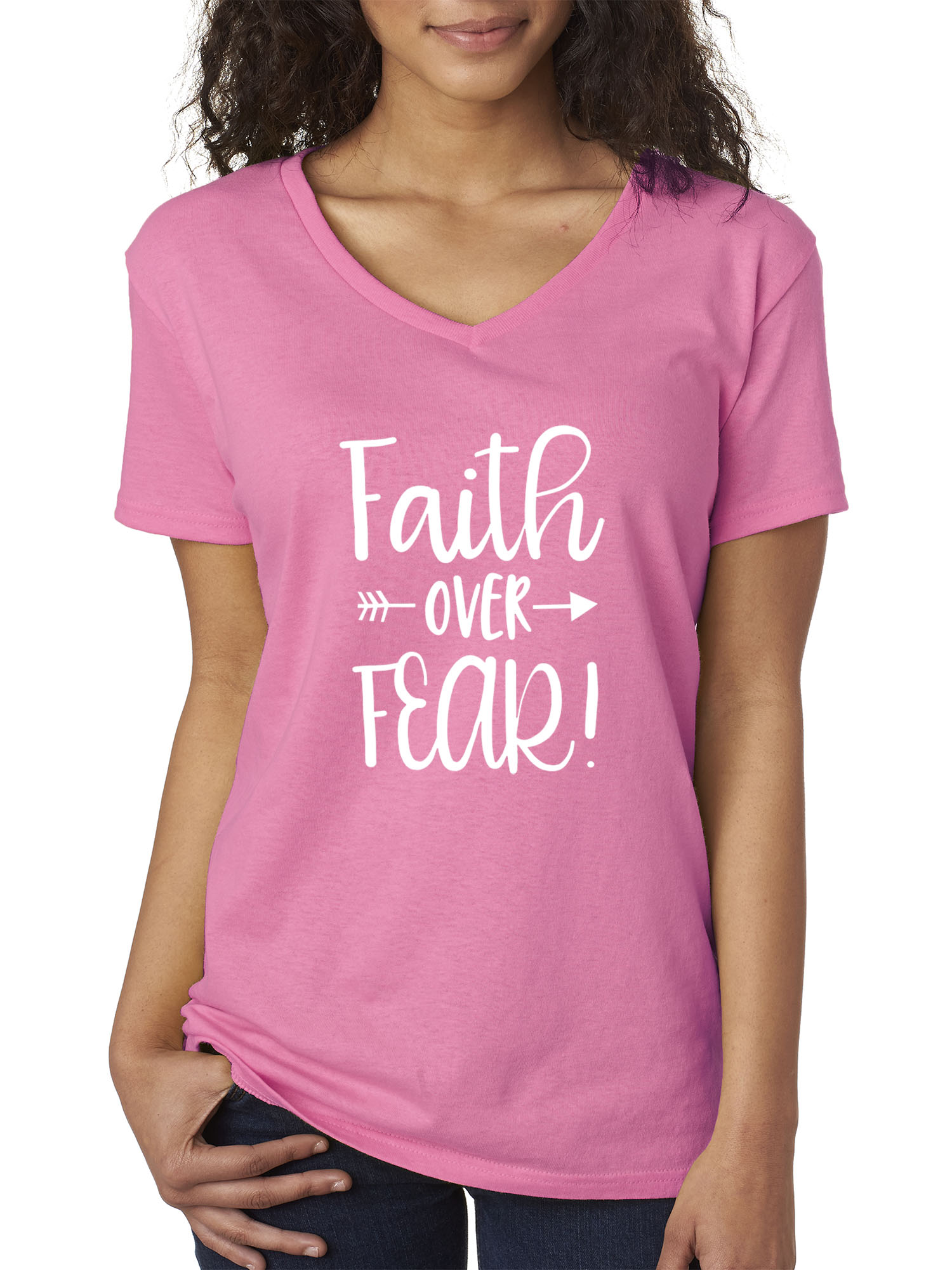 Trendy USA 1253 - Women's V-Neck T-Shirt Faith Over Fear Script XL Azalea Pink