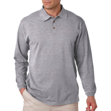UltraClub Mens Preshrunk 3-Buttons Long Sleeve Polo Shirt  Heather Grey  3XL  Style  8532