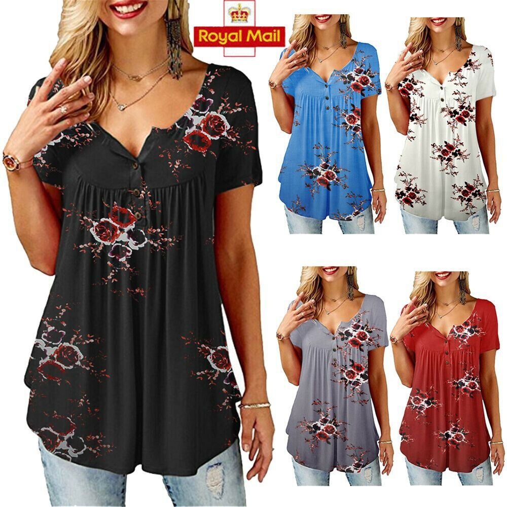 Womens Summer Floral V Neck Blouses Loose Baggy Tops Tunic T Shirts Plus Size