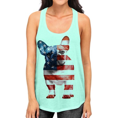 Junior S American Flag French Bulldog B747 Mint Green Racerback Tank Top Large