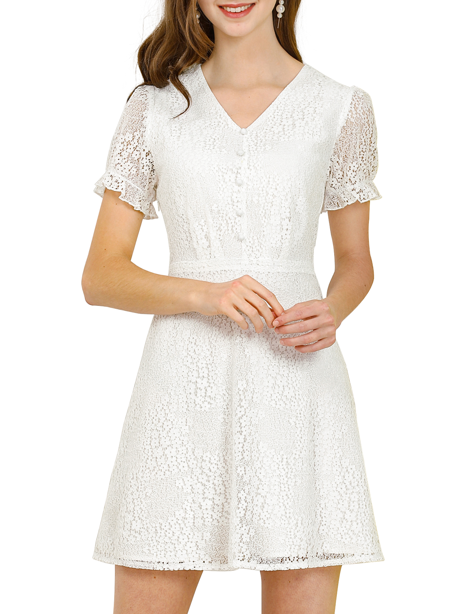 Allegra K Women S Elegant V Neck Short Sleeves Floral Lace Cocktail Flare a-Line Dress