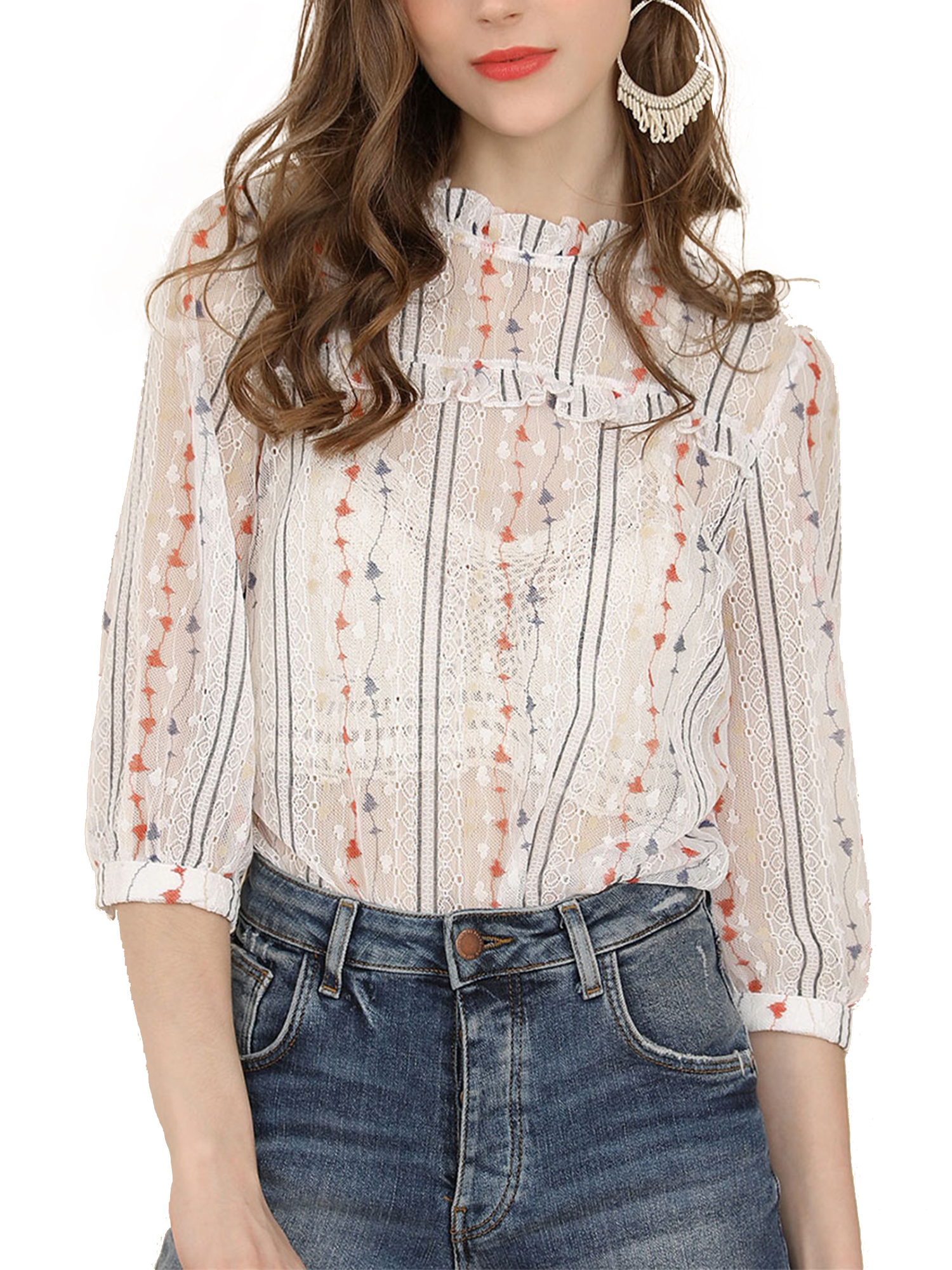 Allegra K Women S 3/4 Sleeves Ruffle Mock Neck Sheer Lace Top