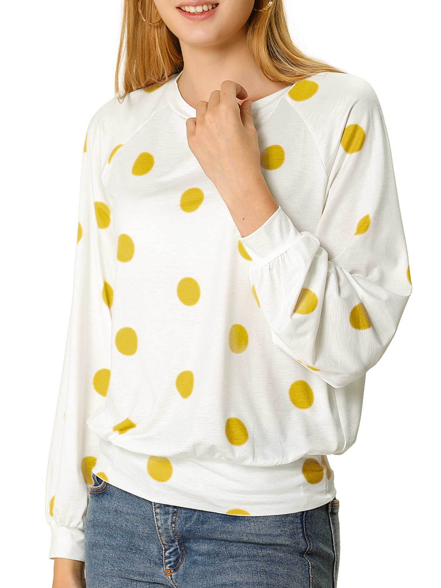 Allegra K Women S Loose Casual Polka Dots Crew Neck Long Sleeves T-Shirt