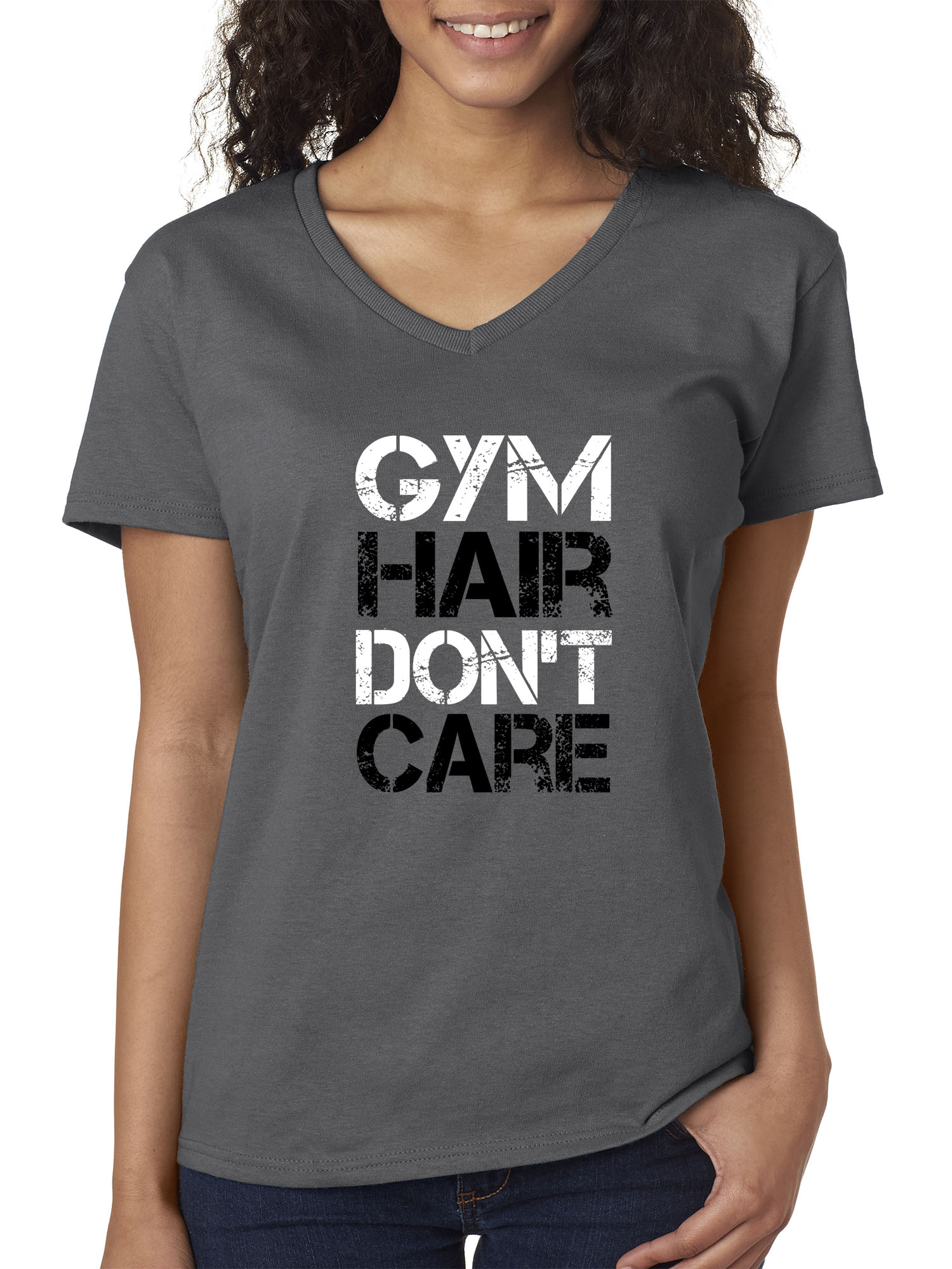 Trendy USA 1455 - Women's V-Neck T-Shirt Gym Hair Don't Care Workout Exercise Fitness Health Small Charcoal
