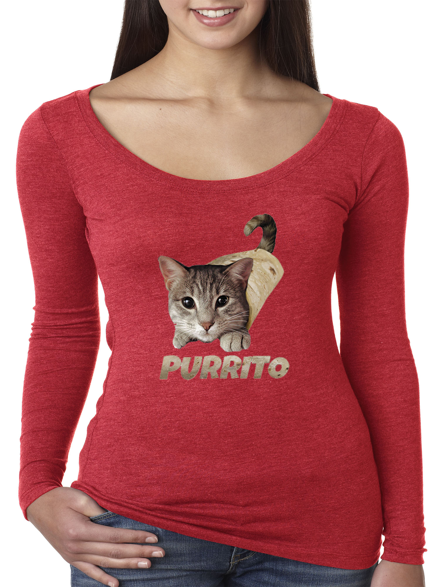Trendy USA 1507 - Women's Long Sleeve T-Shirt Purrito Burrito Kitty Cat Lovers Taco Spicy Funny XL Red