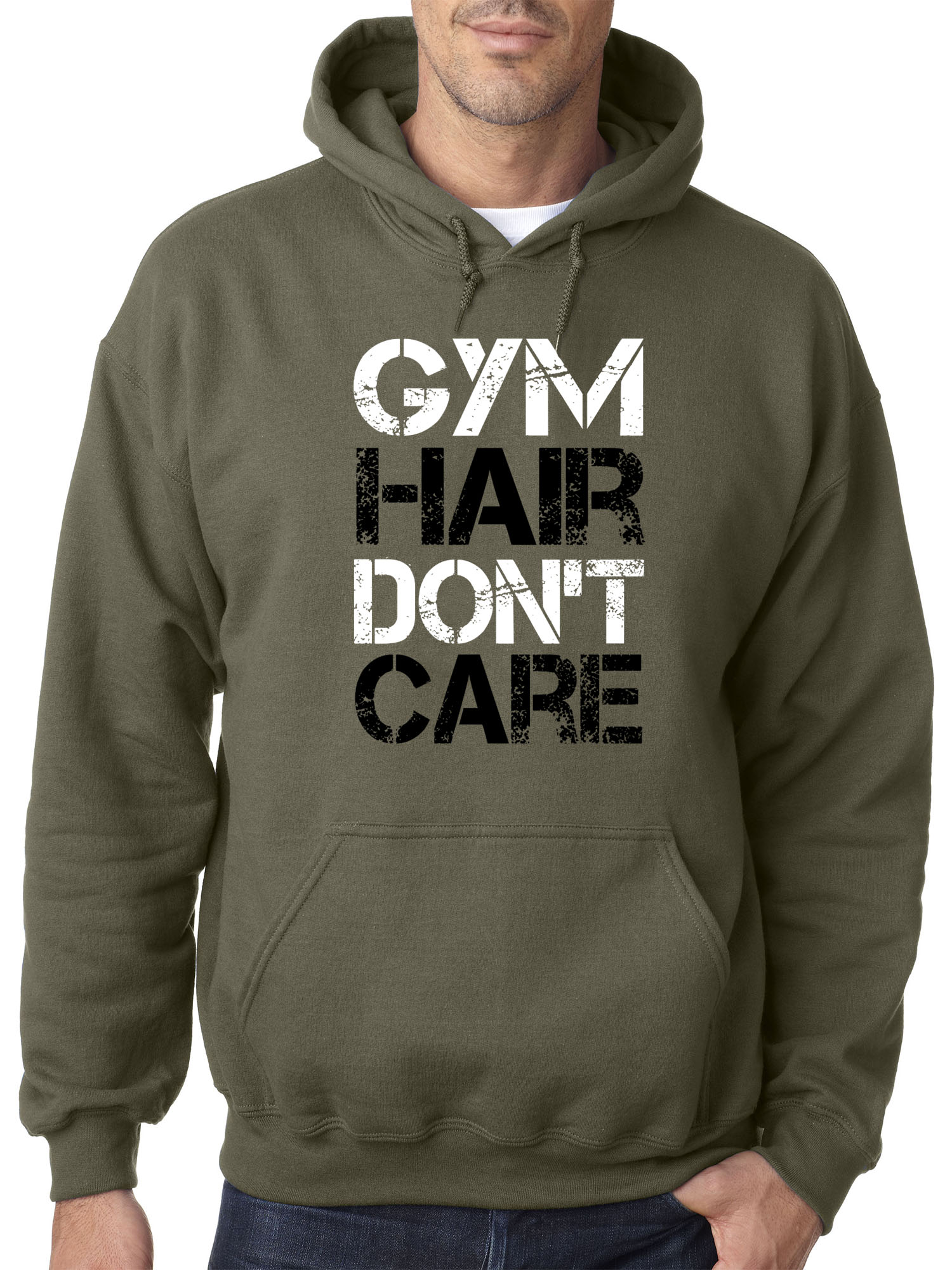 Trendy USA 1455 - Adult Hoodie Gym Hair Don't Care Workout Exercise Fitness Health Sweatshirt 2XL Military Green